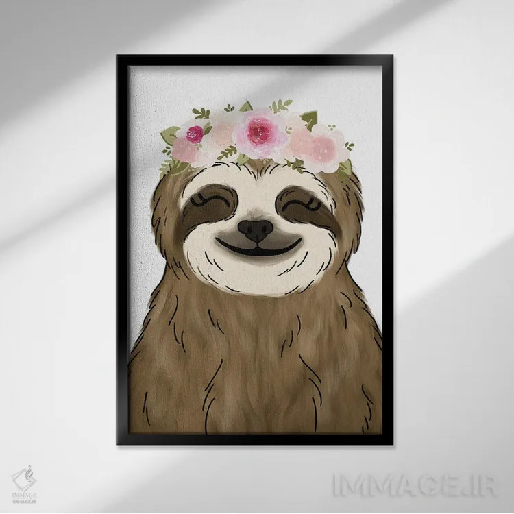 تابلو دکوراتیو تنبل با تاج گل اثر کیتی برایانت - نمای قابدار مشکی