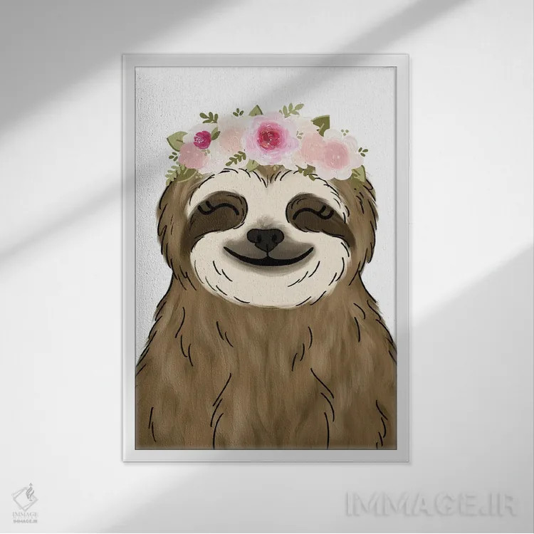 تابلو دکوراتیو تنبل با تاج گل اثر کیتی برایانت - نمای قابدار سفید