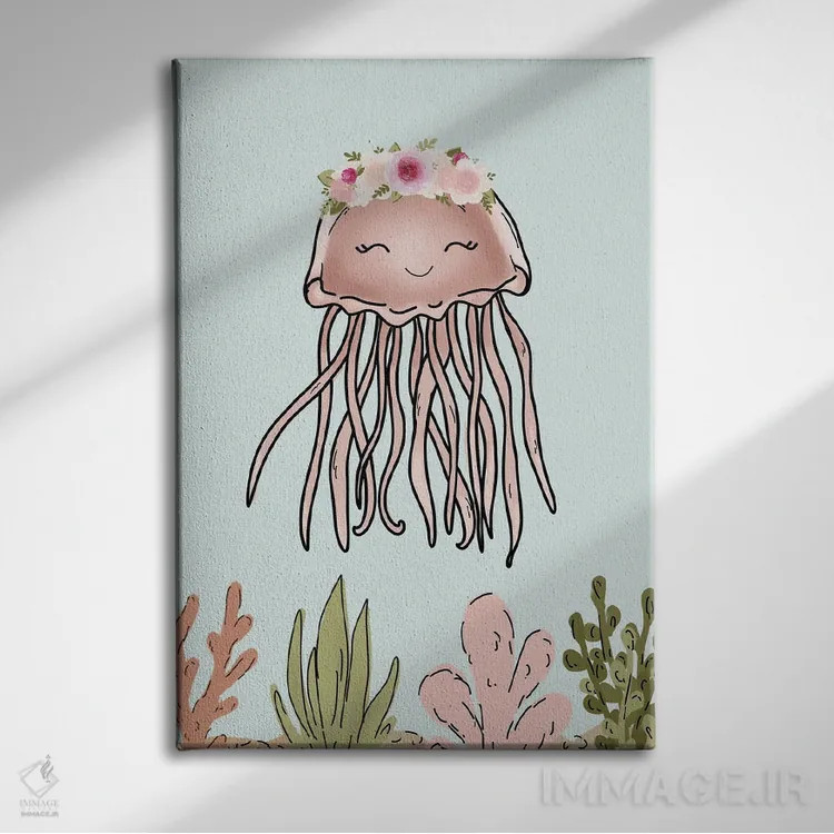 تابلو دکوراتیو عروس دریایی صورتی با تاج گل اثر کیتی برایانت - نمای روبهرو روی دیوار