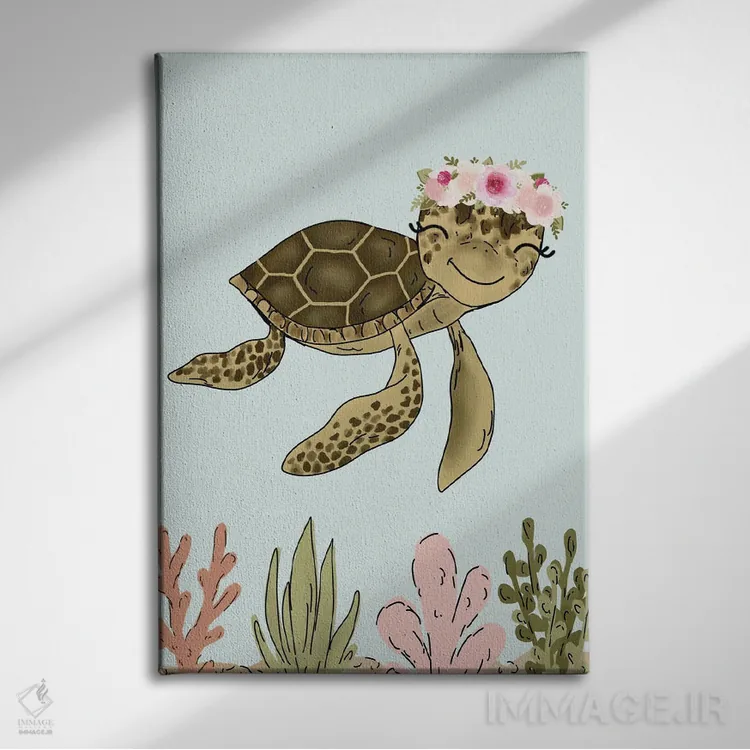 تابلو دکوراتیو لاک پشت دریایی با تاج گل اثر کیتی برایانت - نمای روبهرو روی دیوار