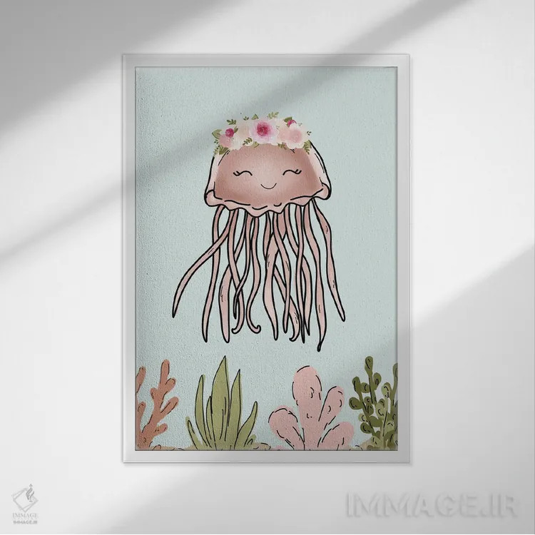 تابلو دکوراتیو عروس دریایی صورتی با تاج گل اثر کیتی برایانت - نمای قابدار سفید