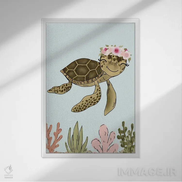 تابلو دکوراتیو لاک پشت دریایی با تاج گل اثر کیتی برایانت - نمای قابدار سفید