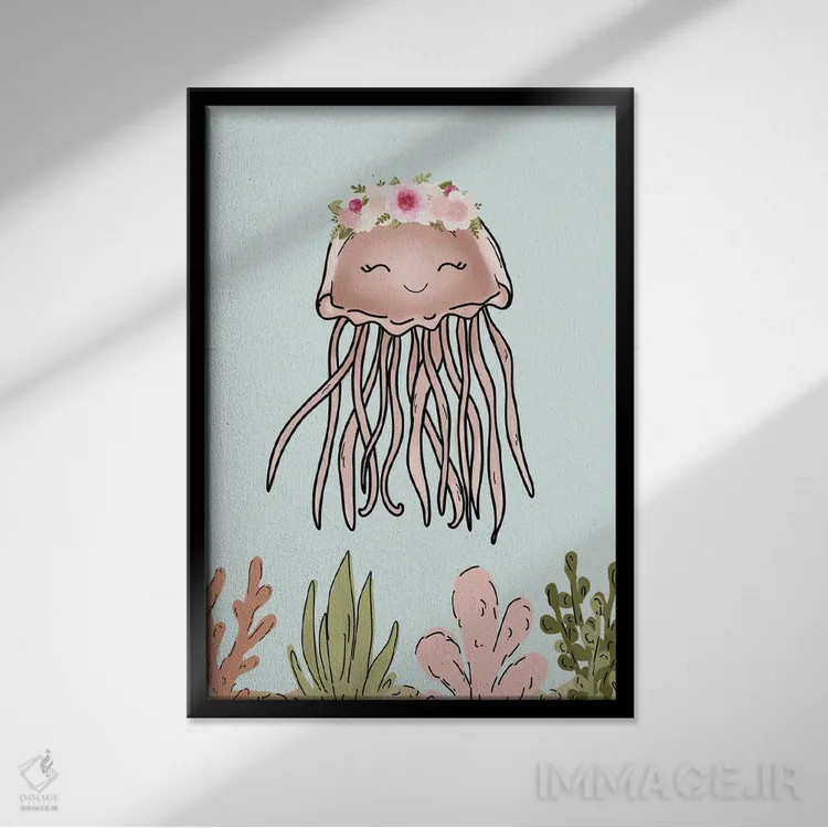 تابلو دکوراتیو عروس دریایی صورتی با تاج گل اثر کیتی برایانت - نمای قابدار مشکی