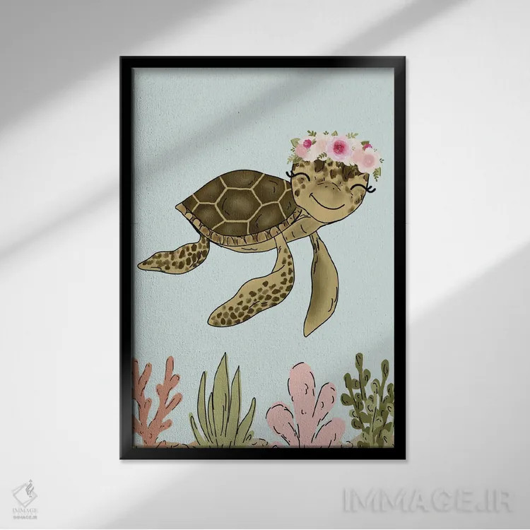 تابلو دکوراتیو لاک پشت دریایی با تاج گل اثر کیتی برایانت - نمای قابدار مشکی