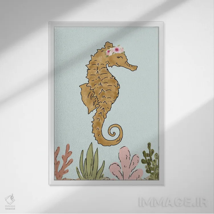 تابلو دکوراتیو اسب دریایی با تاج گل اثر کیتی برایانت - نمای قابدار سفید