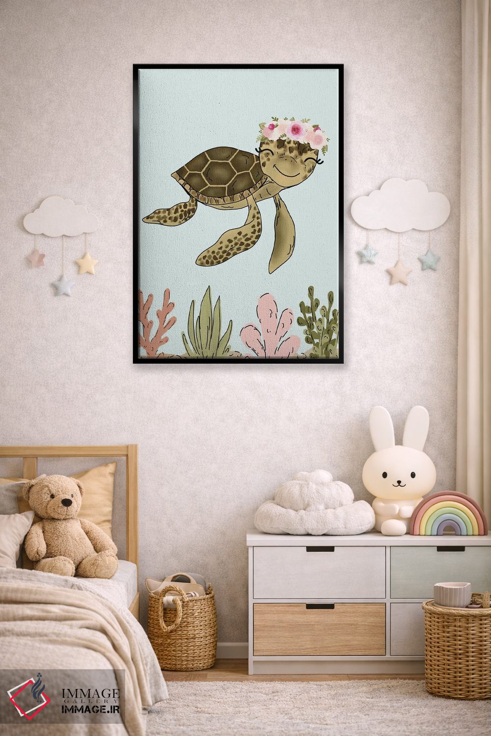 تابلو دکوراتیو لاک پشت دریایی با تاج گل اثر کیتی برایانت - D6B