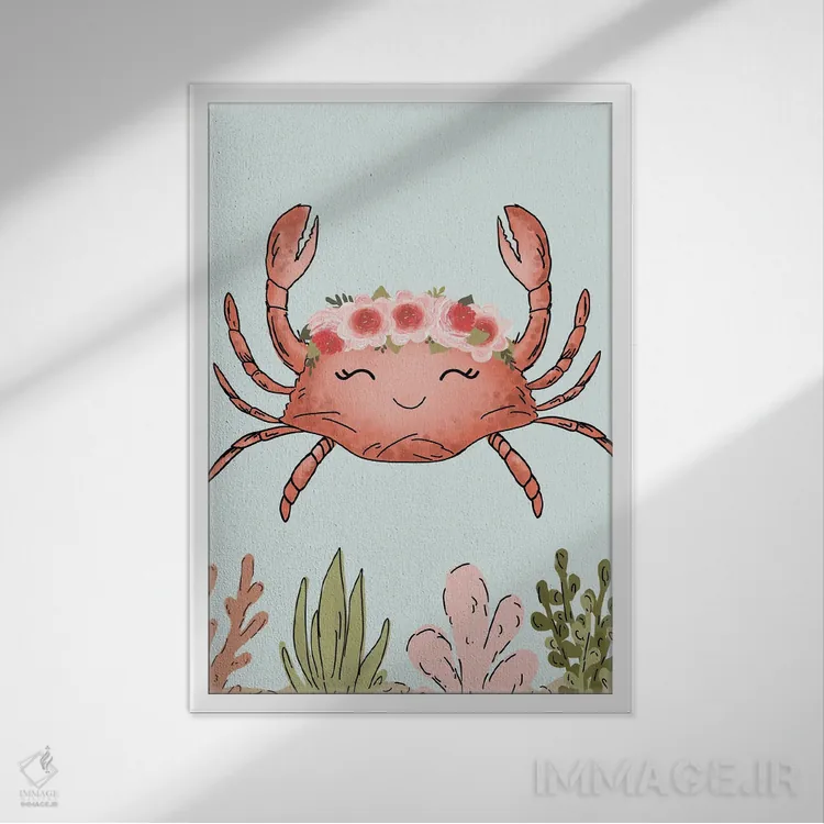 تابلو دکوراتیو خرچنگ با تاج گل اثر کیتی برایانت - نمای قابدار سفید