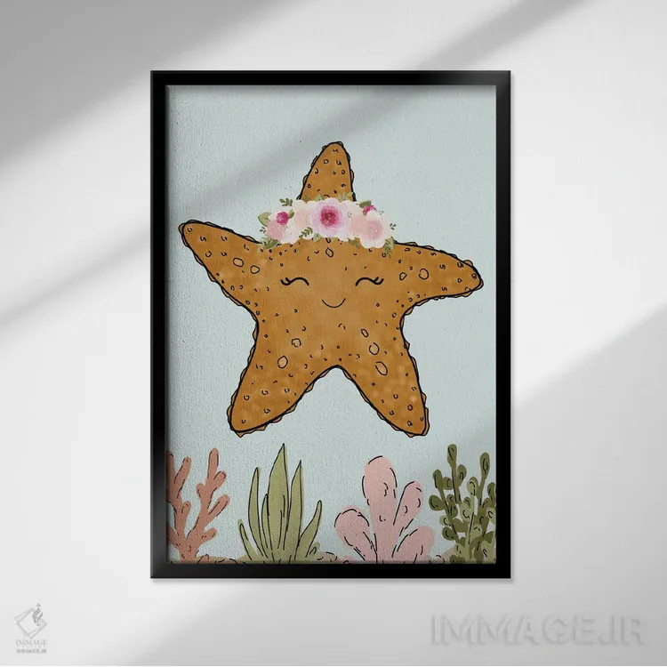 تابلو دکوراتیو ستاره دریایی با تاج گل اثر کیتی برایانت - نمای قابدار مشکی