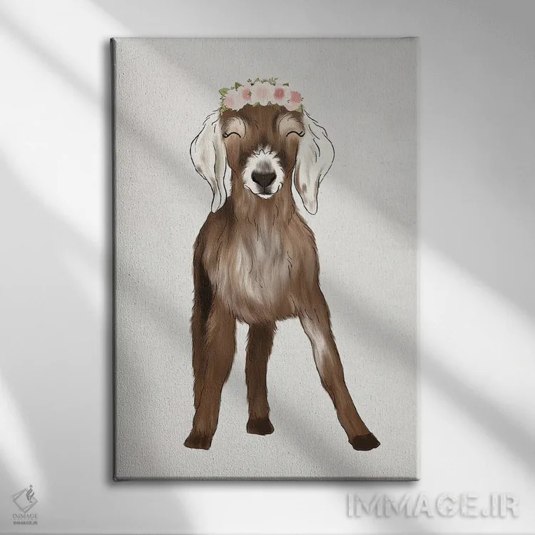 تابلو دکوراتیو بزغاله با تاج گل اثر کیتی برایانت - نمای روبهرو روی دیوار