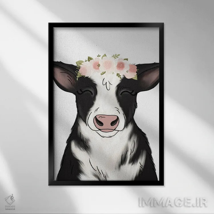 تابلو دکوراتیو گاو با تاج گل اثر کیتی برایانت - نمای قابدار مشکی