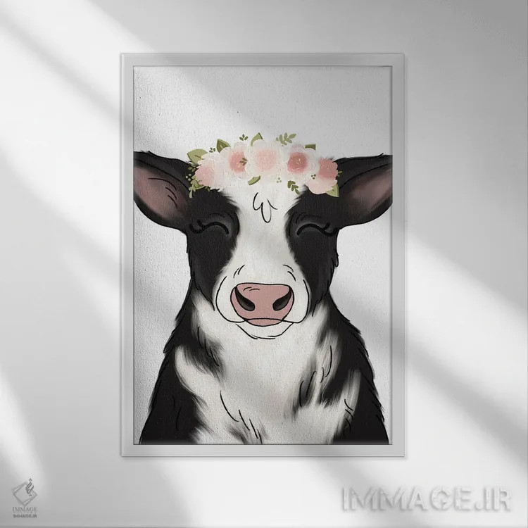 تابلو دکوراتیو گاو با تاج گل اثر کیتی برایانت - نمای قابدار سفید