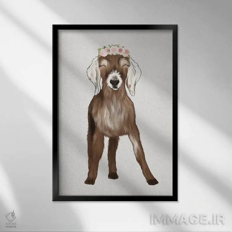 تابلو دکوراتیو بزغاله با تاج گل اثر کیتی برایانت - نمای قابدار مشکی