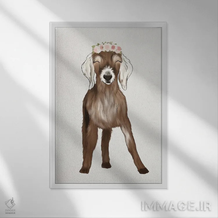 تابلو دکوراتیو بزغاله با تاج گل اثر کیتی برایانت - نمای قابدار سفید