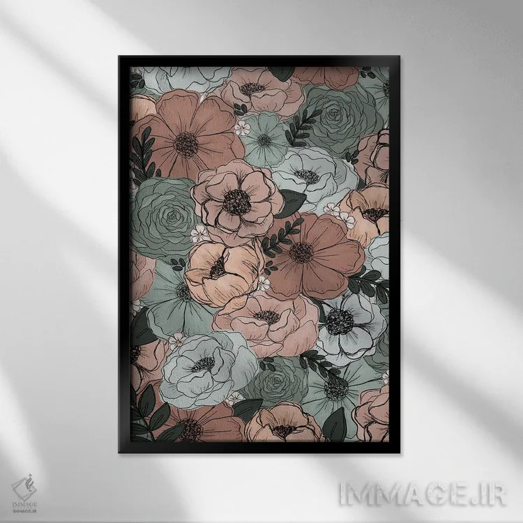 تابلو دکوراتیو گل های هلویی نعنایی اثر کیتی برایانت - نمای قابدار مشکی