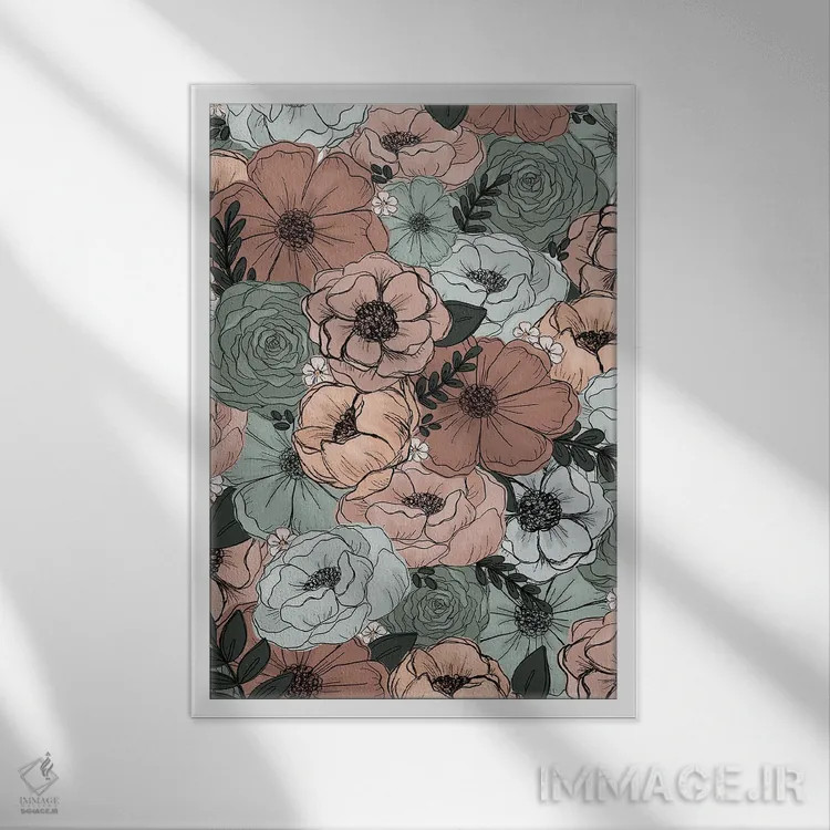 تابلو دکوراتیو گل های هلویی نعنایی اثر کیتی برایانت - نمای قابدار سفید