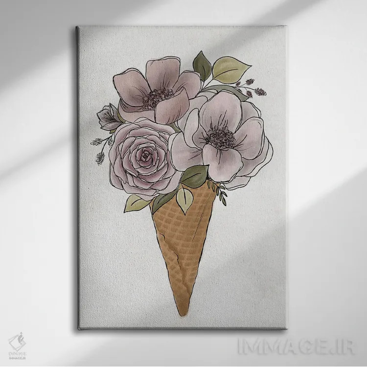 تابلو دکوراتیو بستنی قیفی گل دار اثر کیتی برایانت - نمای روبهرو روی دیوار