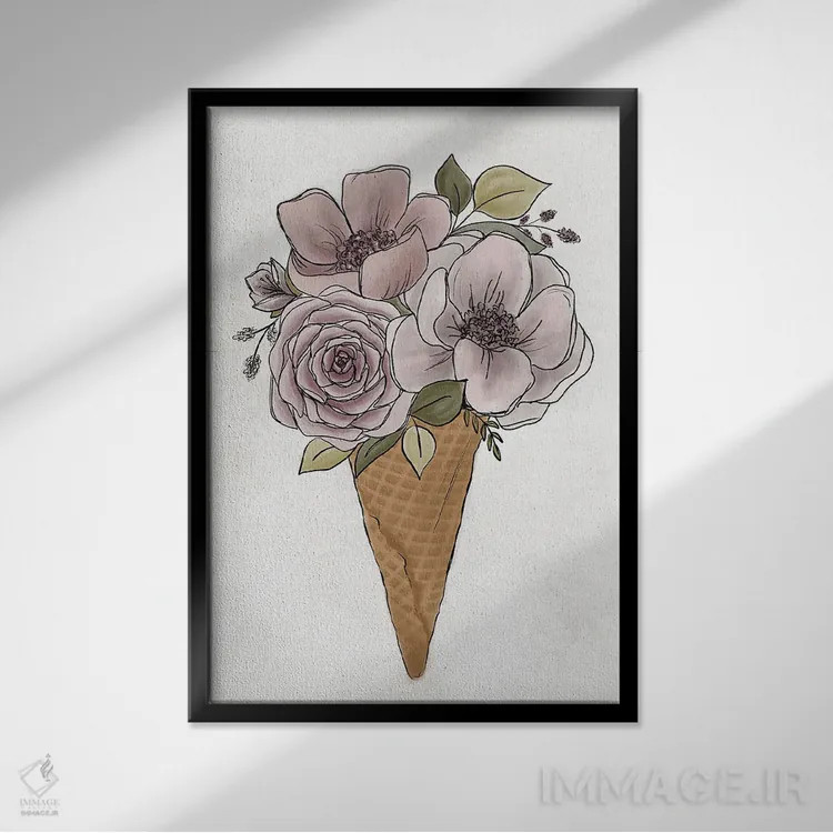 تابلو دکوراتیو بستنی قیفی گل دار اثر کیتی برایانت - نمای قابدار مشکی