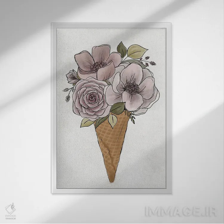 تابلو دکوراتیو بستنی قیفی گل دار اثر کیتی برایانت - نمای قابدار سفید