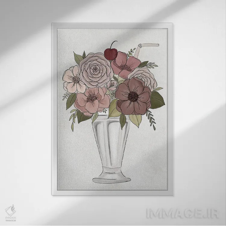 تابلو دکوراتیو میلک شیک گل دار اثر کیتی برایانت - نمای قابدار سفید