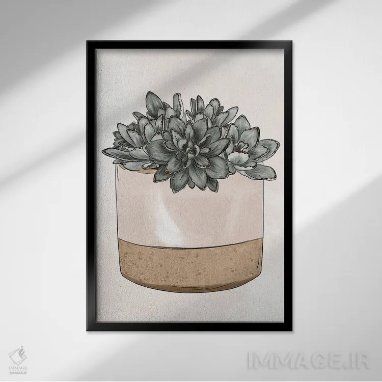 تابلو دکوراتیو ساکولنت های گلدانی اثر کیتی برایانت - نمای قابدار مشکی