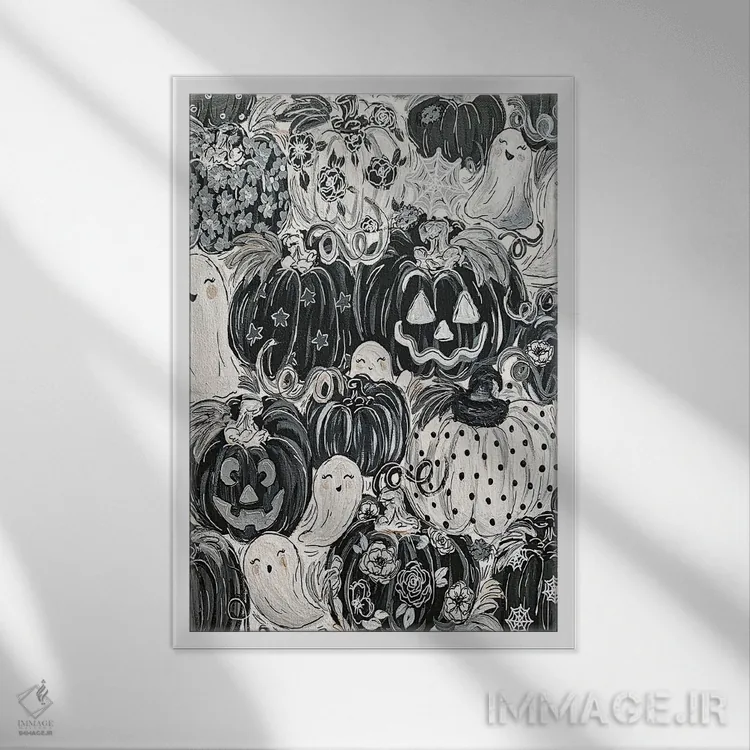 تابلو دکوراتیو کدوهای طرح دار شبح گونه اثر کیتی برایانت - نمای قابدار سفید