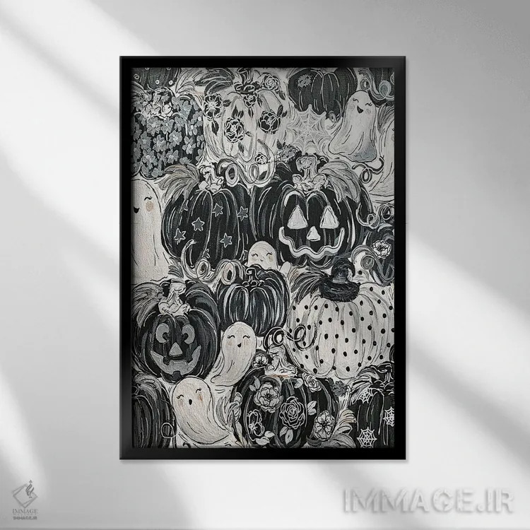 تابلو دکوراتیو کدوهای طرح دار شبح گونه اثر کیتی برایانت - نمای قابدار مشکی