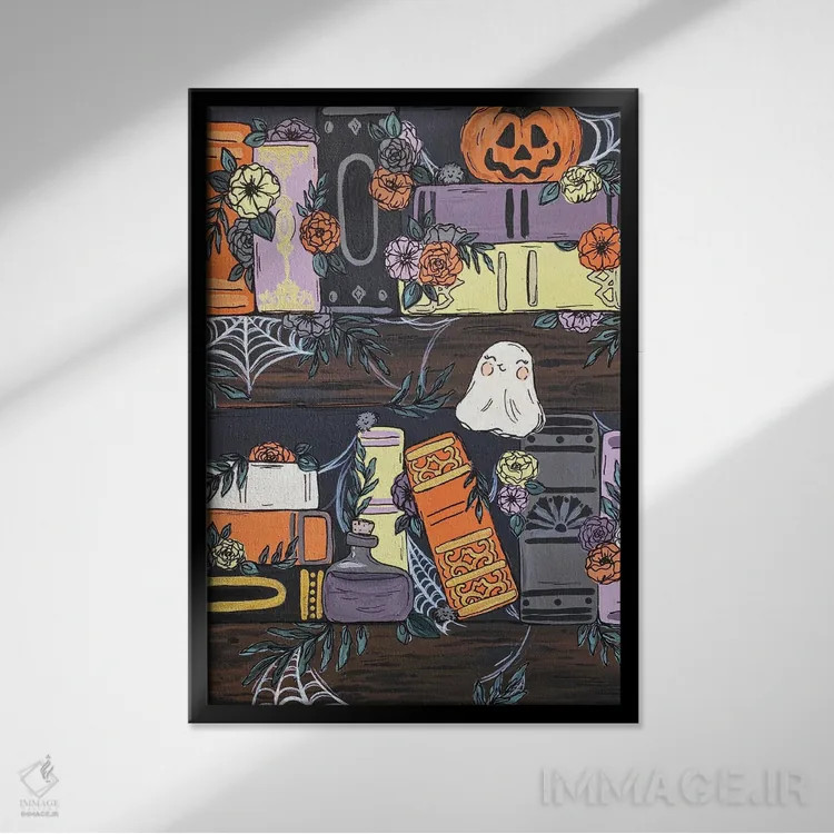 تابلو دکوراتیو قفسه کتاب ترسناک اثر کیتی برایانت - نمای قابدار مشکی