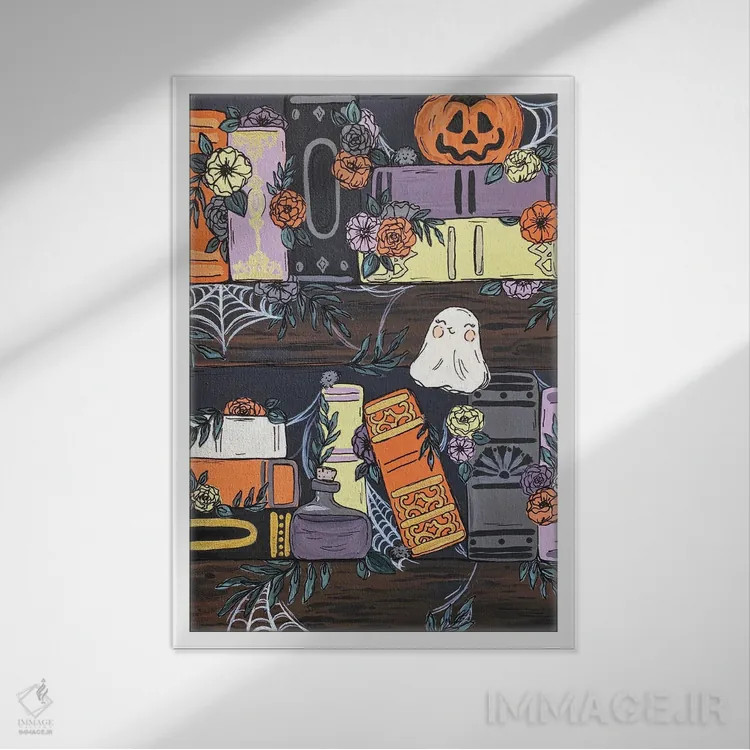 تابلو دکوراتیو قفسه کتاب ترسناک اثر کیتی برایانت - نمای قابدار سفید