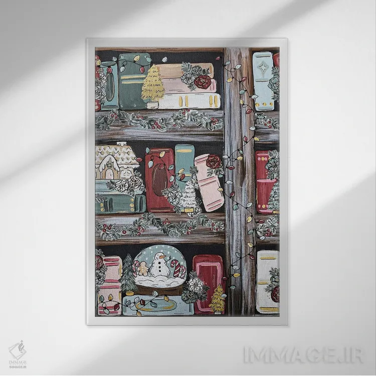 تابلو دکوراتیو قفسه کتاب کریسمسی اثر کیتی برایانت - نمای قابدار سفید
