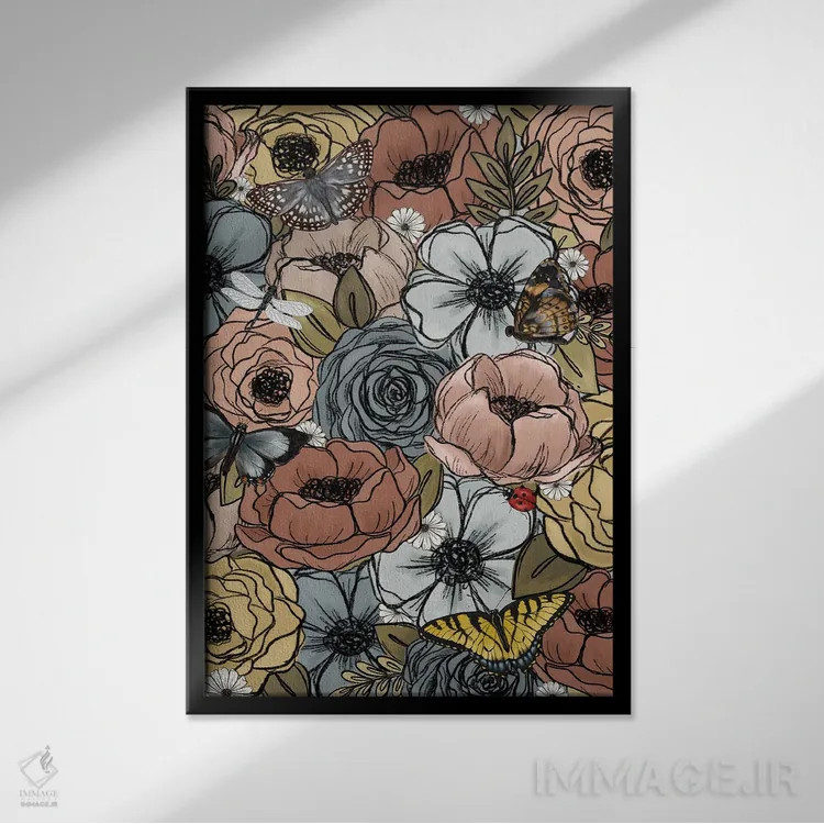 تابلو دکوراتیو کلاژ گل های باغ بهاری اثر کیتی برایانت - نمای قابدار مشکی