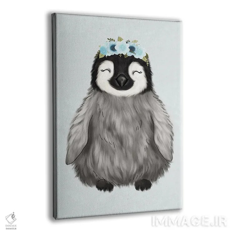 تابلو دکوراتیو پنگوئن نوزاد با تاج گل اثر کیتی برایانت - نمای پرسپکتیو محصول