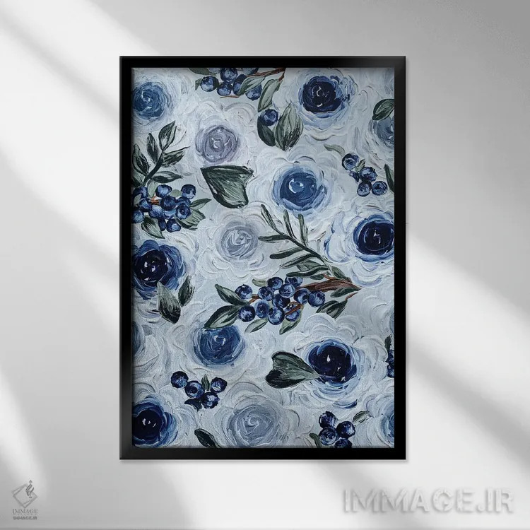 تابلو دکوراتیو گل های بلوبری اثر کیتی برایانت - نمای قابدار مشکی