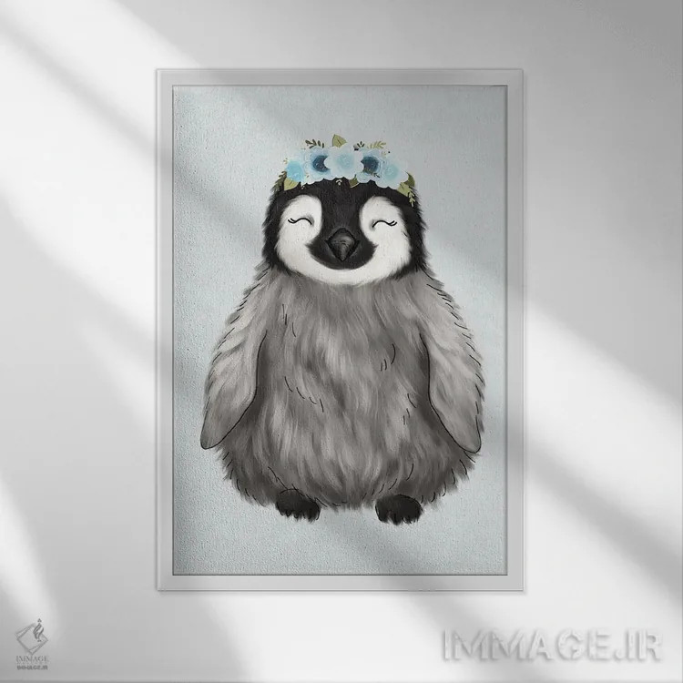 تابلو دکوراتیو پنگوئن نوزاد با تاج گل اثر کیتی برایانت - نمای قابدار سفید