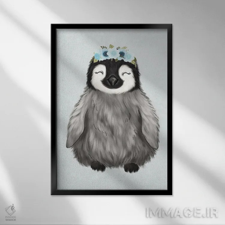 تابلو دکوراتیو پنگوئن نوزاد با تاج گل اثر کیتی برایانت - نمای قابدار مشکی