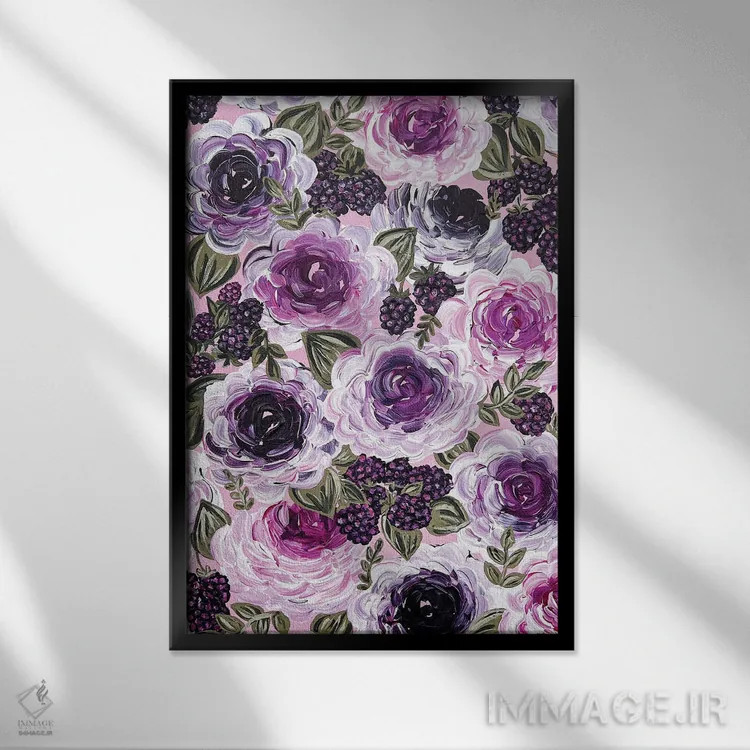 تابلو دکوراتیو گل های تمشکی اثر کیتی برایانت - نمای قابدار مشکی