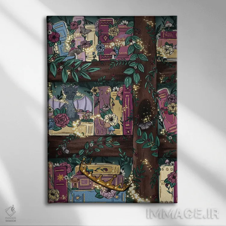 تابلو دکوراتیو قفسه کتاب جنگل افسانه ای اثر کیتی برایانت - نمای روبهرو روی دیوار