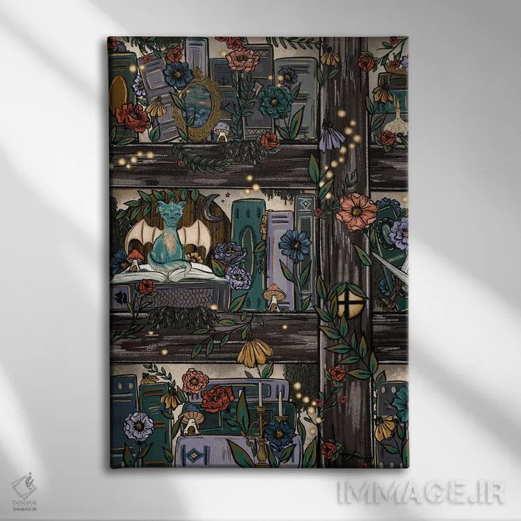 تابلو دکوراتیو قفسه کتاب جنگل فانتزی اثر کیتی برایانت - نمای روبهرو روی دیوار