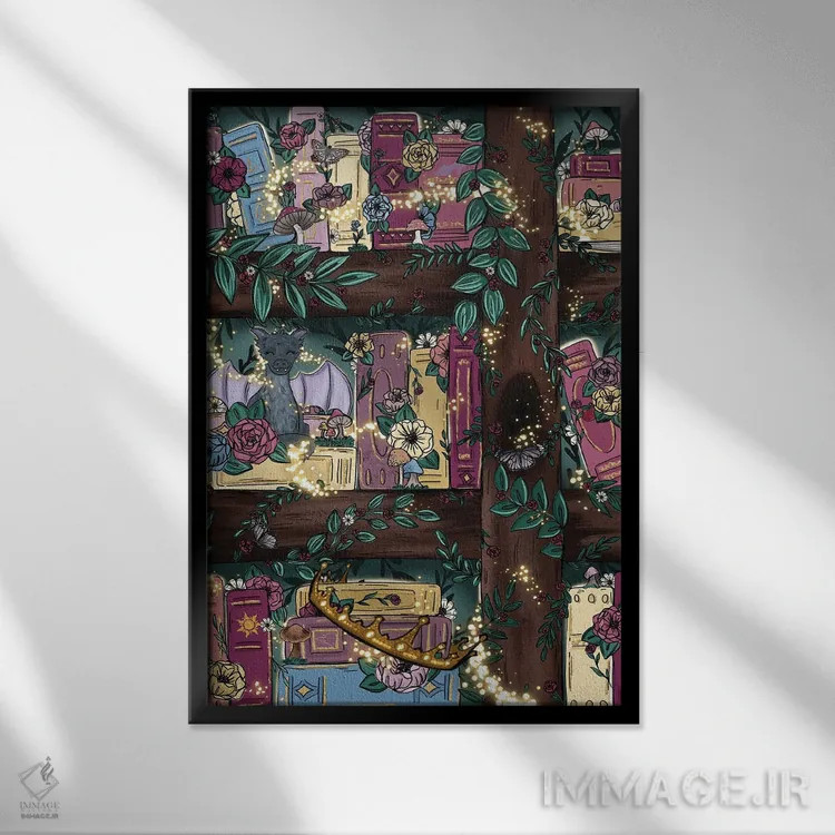 تابلو دکوراتیو قفسه کتاب جنگل افسانه ای اثر کیتی برایانت - نمای قابدار مشکی