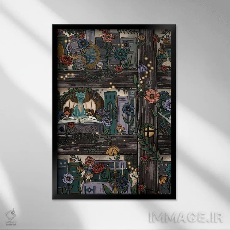 تابلو دکوراتیو قفسه کتاب جنگل فانتزی اثر کیتی برایانت - نمای قابدار مشکی