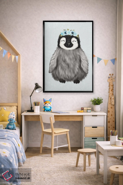 تابلو دکوراتیو پنگوئن نوزاد با تاج گل اثر کیتی برایانت - D2B