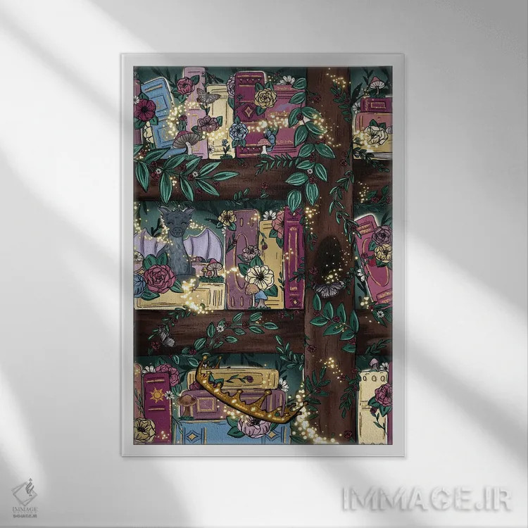 تابلو دکوراتیو قفسه کتاب جنگل افسانه ای اثر کیتی برایانت - نمای قابدار سفید