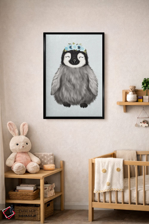 تابلو دکوراتیو پنگوئن نوزاد با تاج گل اثر کیتی برایانت - D5B