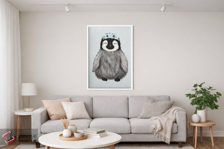 تابلو دکوراتیو پنگوئن نوزاد با تاج گل اثر کیتی برایانت - D3W