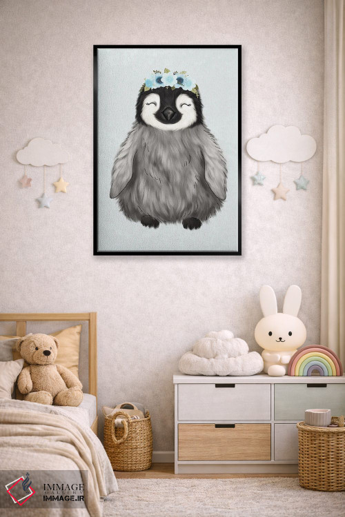 تابلو دکوراتیو پنگوئن نوزاد با تاج گل اثر کیتی برایانت - D6B