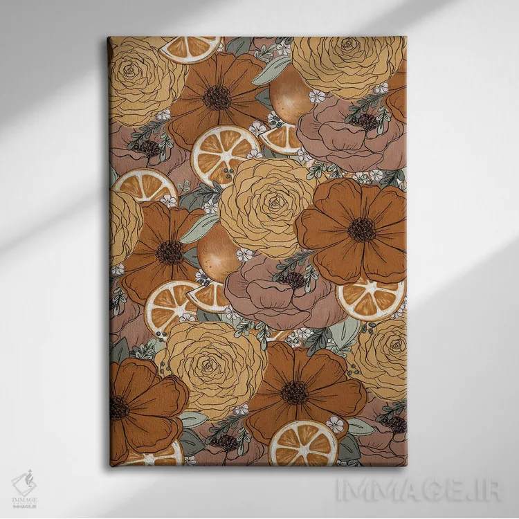 تابلو دکوراتیو گل های طراحی شده پرتقال اثر کیتی برایانت - نمای روبهرو روی دیوار