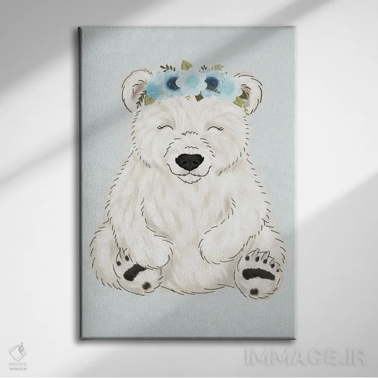 تابلو دکوراتیو خرس قطبی با تاج گل اثر کیتی برایانت - نمای روبهرو روی دیوار