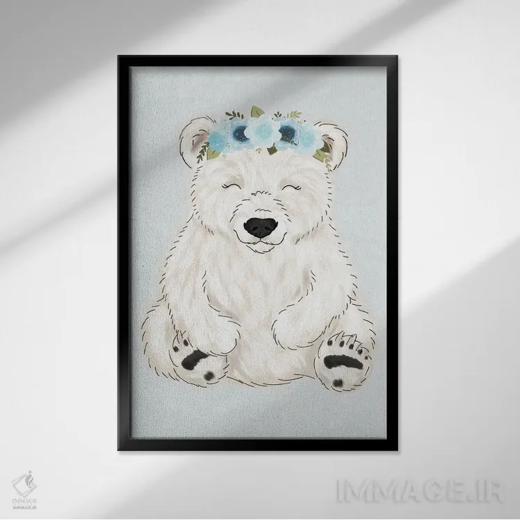 تابلو دکوراتیو خرس قطبی با تاج گل اثر کیتی برایانت - نمای قابدار مشکی