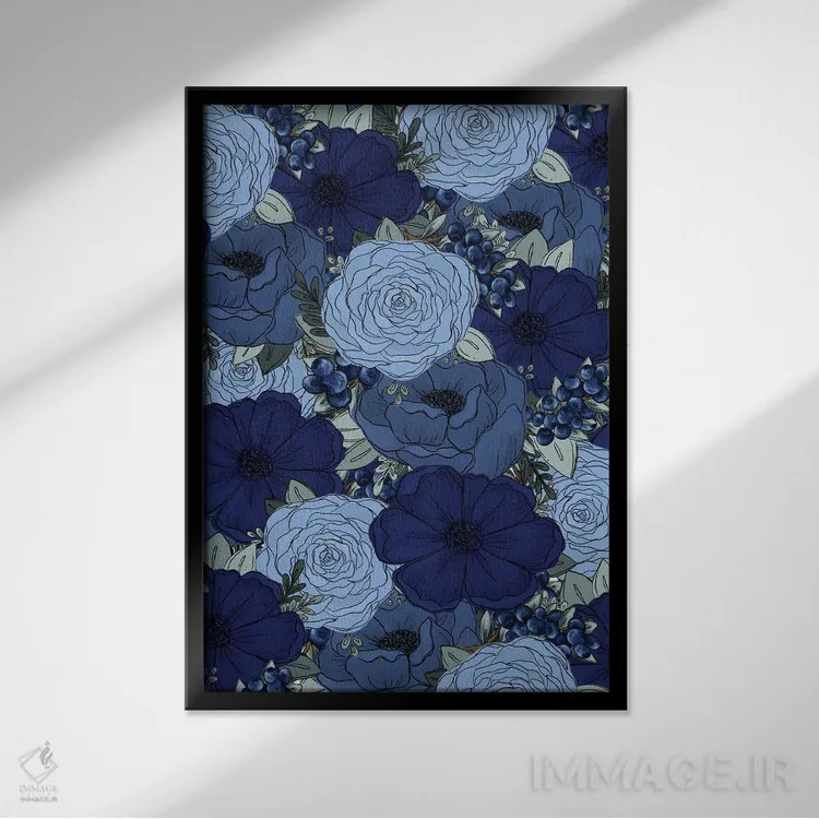تابلو دکوراتیو گل های طراحی شده بلوبری اثر کیتی برایانت - نمای قابدار مشکی