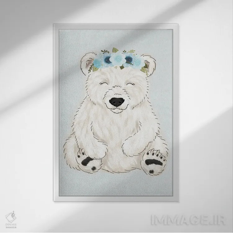 تابلو دکوراتیو خرس قطبی با تاج گل اثر کیتی برایانت - نمای قابدار سفید