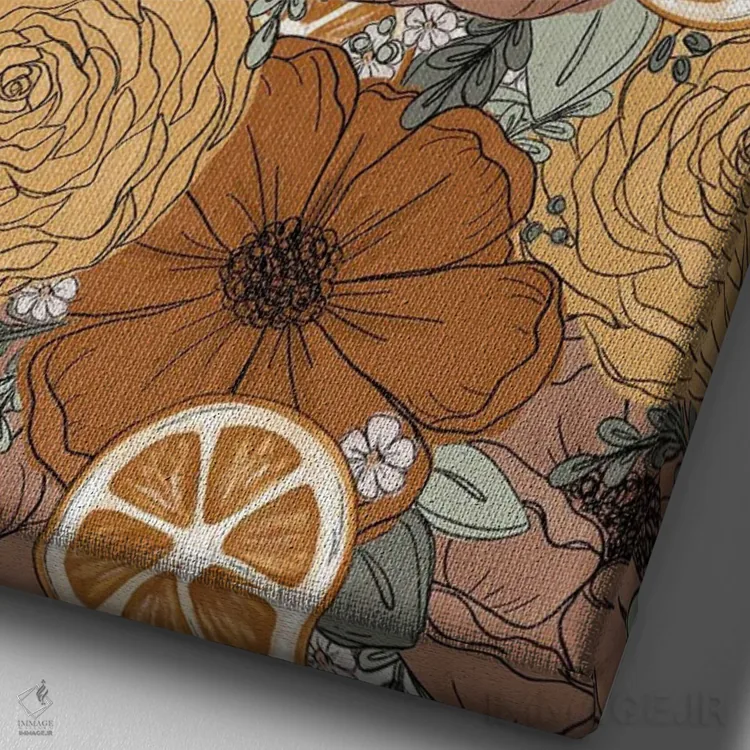 تابلو دکوراتیو گل های طراحی شده پرتقال اثر کیتی برایانت - نمای نزدیک بافت بوم